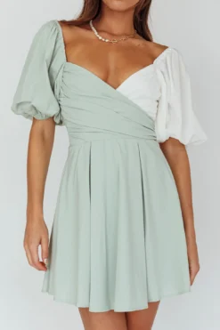 Melie Puff Sleeve Mini Dress Pistachio/White -Cheap Dress Store CM4005D 20PISTACHIO WHITE 4