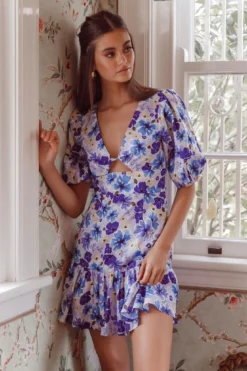 Jemilia Cut-Out Bust Flounce Mini Dress Floral Blue -Cheap Dress Store CM4062D 20BLUE 2