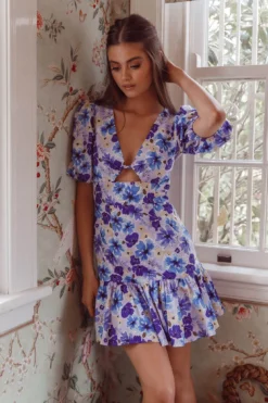 Jemilia Cut-Out Bust Flounce Mini Dress Floral Blue -Cheap Dress Store CM4062D 20BLUE 5