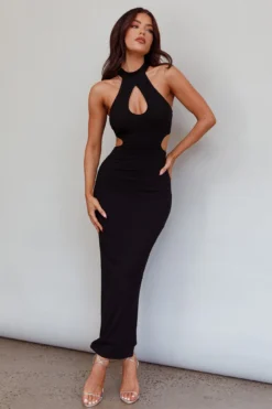 Estella Keyhole Ribbed Midi Dress Black -Cheap Dress Store CM5044D 20BLACK 2