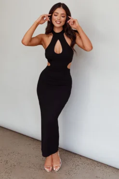 Estella Keyhole Ribbed Midi Dress Black -Cheap Dress Store CM5044D 20BLACK 6