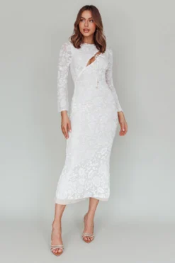 Novalie Long Sleeve Velvet Print Midi Dress White -Cheap Dress Store CM6020D 20WHITE 2