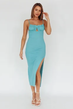 Jelina Gathered Bust Knit Midi Dress Teal -Cheap Dress Store CM6046H 20TEAL 2