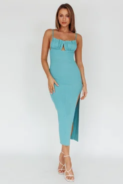 Jelina Gathered Bust Knit Midi Dress Teal -Cheap Dress Store CM6046H 20TEAL 5