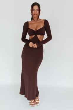 Vienna Long Sleeve Cut-Out Waist Maxi Dress Chocolate -Cheap Dress Store CM6078D 20CHOCOLATE 2