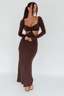 Vienna Long Sleeve Cut-Out Waist Maxi Dress Chocolate -Cheap Dress Store CM6078D 20CHOCOLATE 4