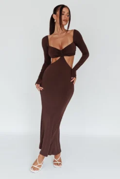 Vienna Long Sleeve Cut-Out Waist Maxi Dress Chocolate -Cheap Dress Store CM6078D 20CHOCOLATE 5