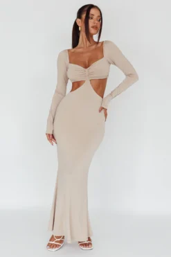 Vienna Long Sleeve Cut-Out Waist Maxi Dress Oat -Cheap Dress Store CM6078D 20OAT 2
