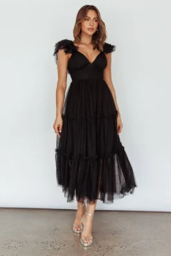 Amal Ruffle Shoulder Tulle Midi Dress Black -Cheap Dress Store CM6083H 20BLACK 2
