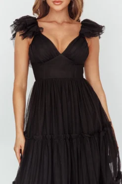 Amal Ruffle Shoulder Tulle Midi Dress Black -Cheap Dress Store CM6083H 20BLACK 4