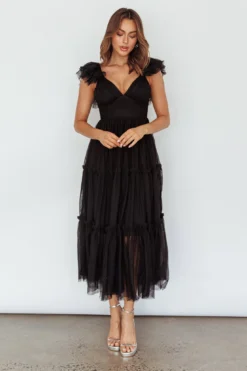 Amal Ruffle Shoulder Tulle Midi Dress Black -Cheap Dress Store CM6083H 20BLACK 5