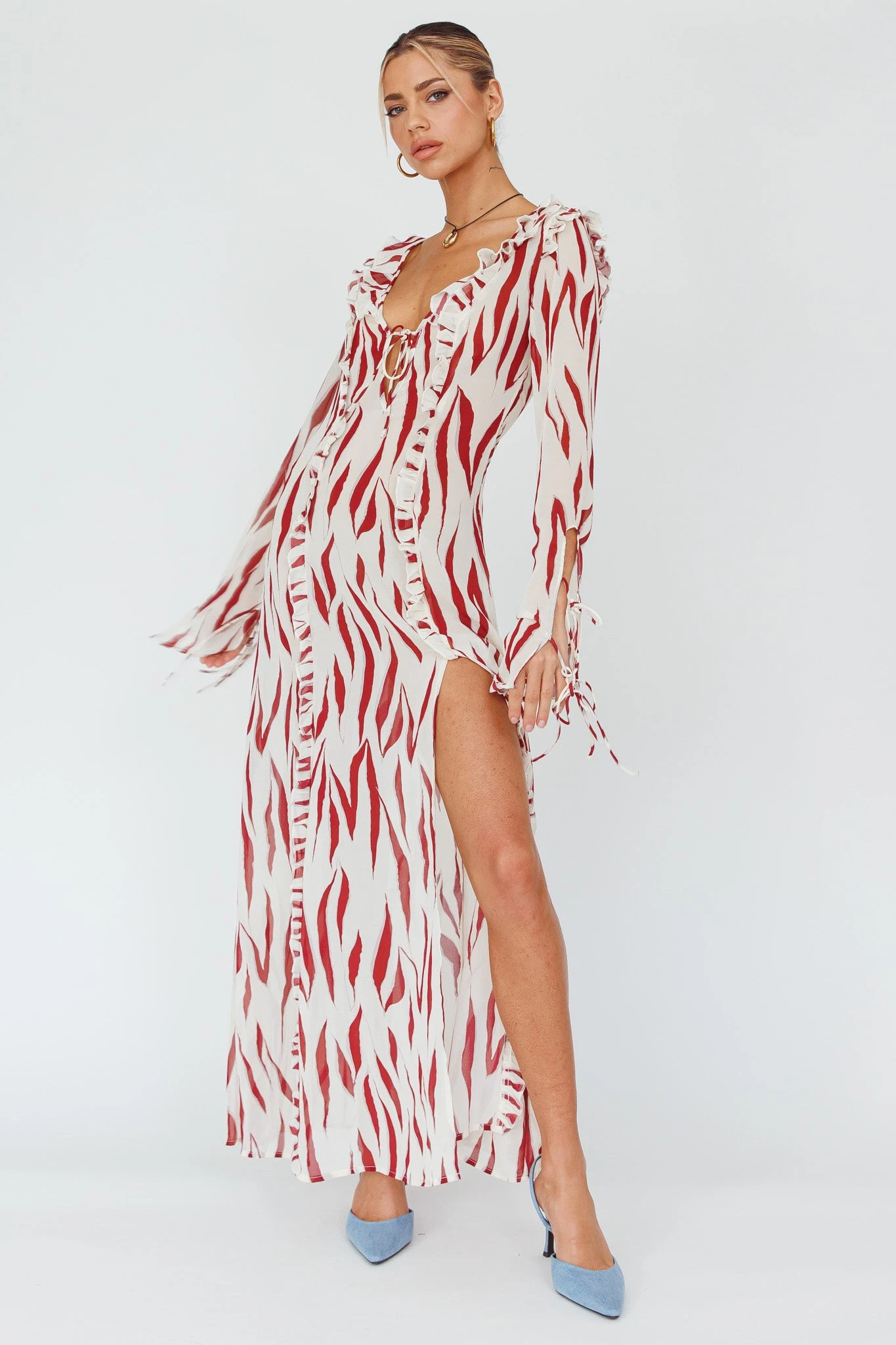 Oasis Moon Frill Trim Maxi Dress Printed Ruby 1 Oasis Moon Frill Trim Maxi Dress Printed Ruby