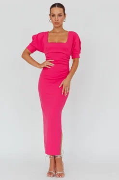 Valette Puff Sleeve Midi Dress Magenta -Cheap Dress Store CM6092D 20MAGENTA 2