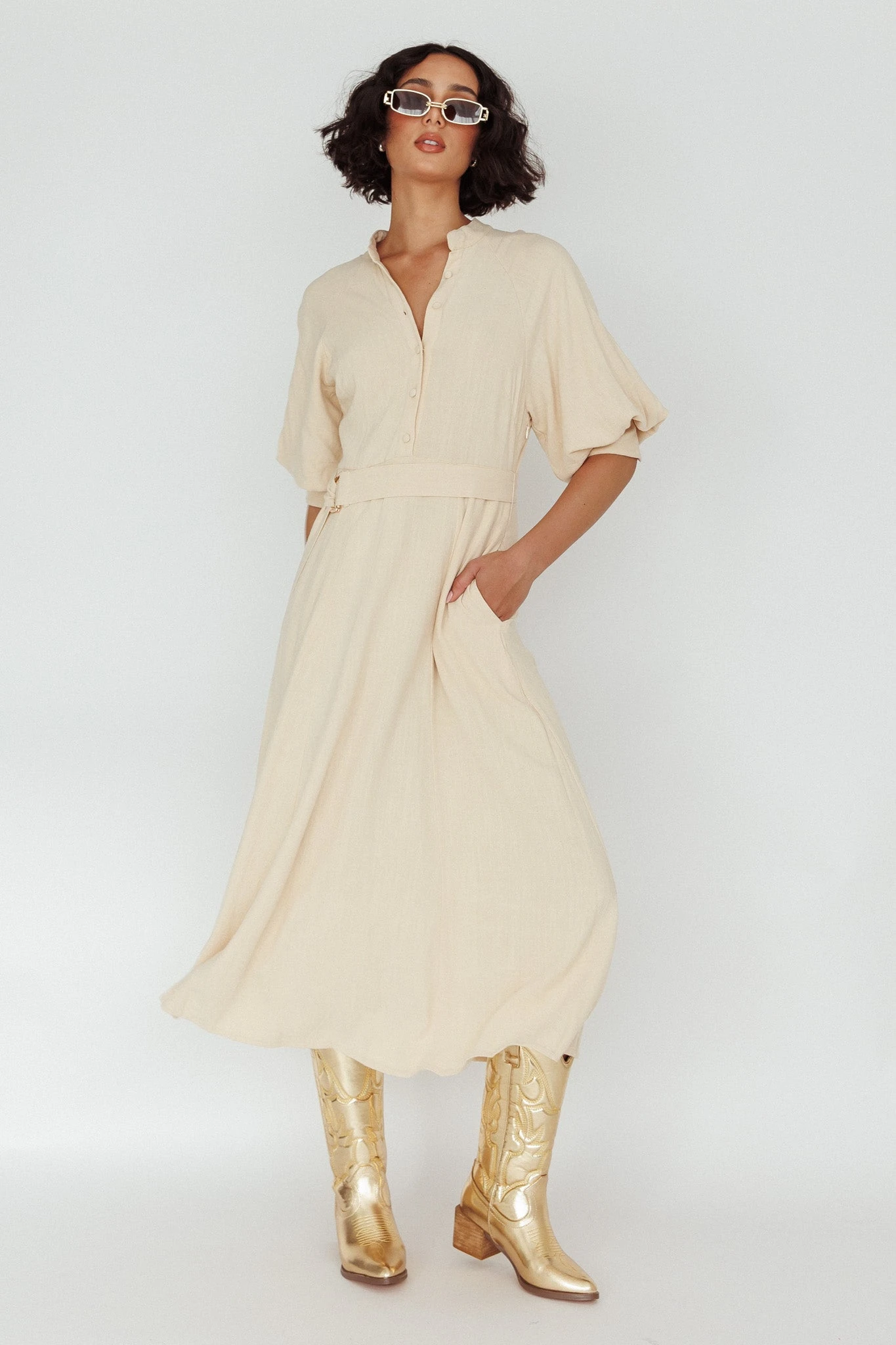 Mallory Belted Waist Lantern Sleeve Midi Dress Beige 1 Mallory Belted Waist Lantern Sleeve Midi Dress Beige