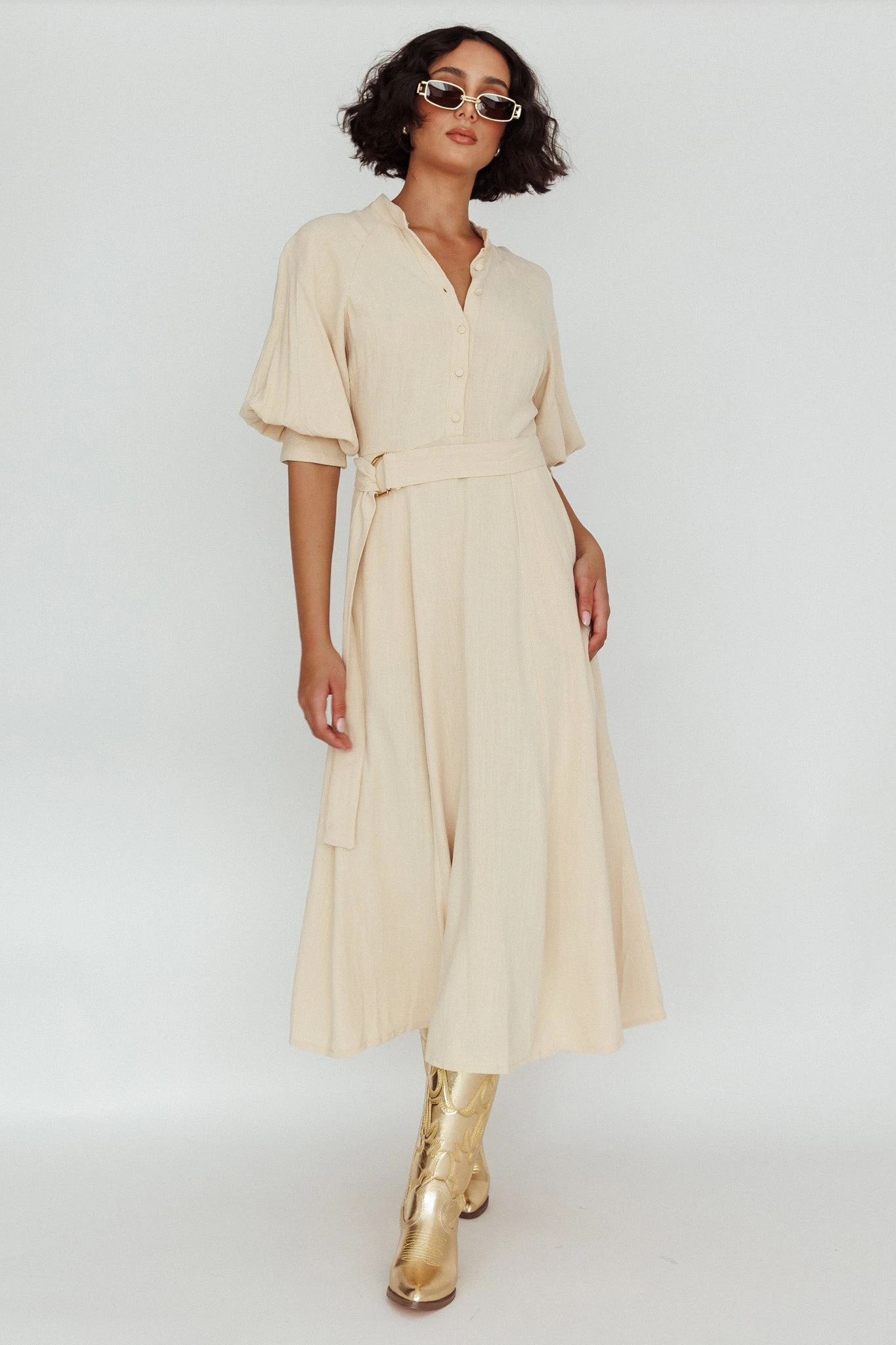 Mallory Belted Waist Lantern Sleeve Midi Dress Beige 3 Mallory Belted Waist Lantern Sleeve Midi Dress Beige - Image 3