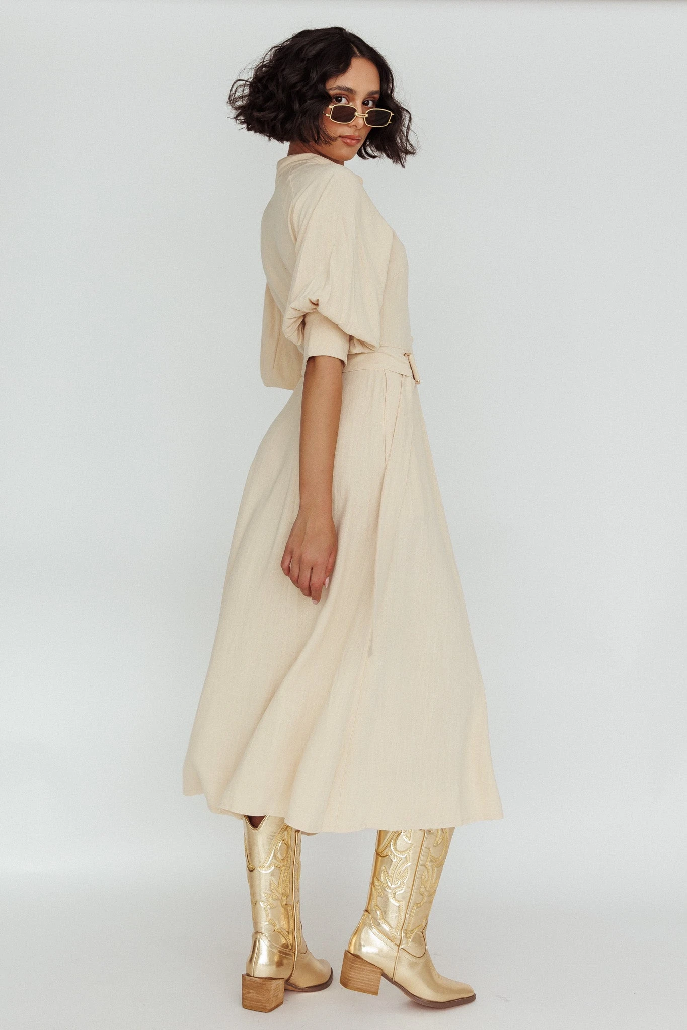 Mallory Belted Waist Lantern Sleeve Midi Dress Beige 2 Mallory Belted Waist Lantern Sleeve Midi Dress Beige - Image 2