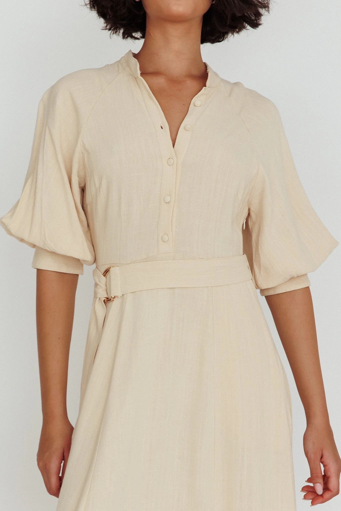 Mallory Belted Waist Lantern Sleeve Midi Dress Beige 4 Mallory Belted Waist Lantern Sleeve Midi Dress Beige - Image 4