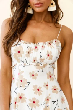 Sail Away Gathered Bust Frill Trim Summer Dress Floral Print White -Cheap Dress Store KJ0027B 20WHITE 4