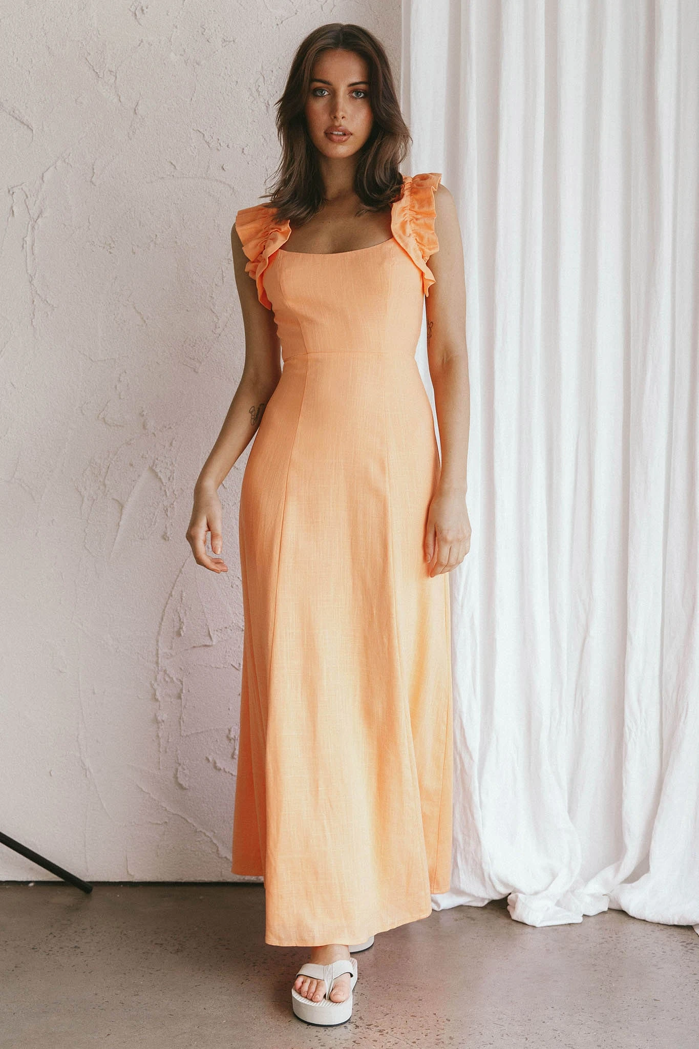 Bronte Ruffle Strap Midi Dress Papaya 1 Bronte Ruffle Strap Midi Dress Papaya