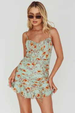 First Light Cami Strap Ruched Dress Floral Mint