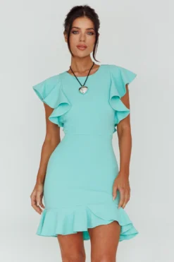 Cupid's Bow Ruffle Shoulder Bodycon Dress Teal