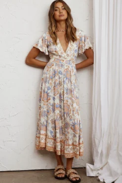 Kailee Short Sleeve Midi Dress Beige/Rust -Cheap Dress Store KT0148D01 20BEIGE RUST 2