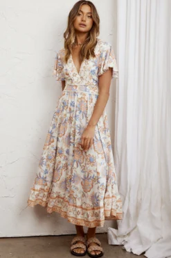 Kailee Short Sleeve Midi Dress Beige/Rust -Cheap Dress Store KT0148D01 20BEIGE RUST 4