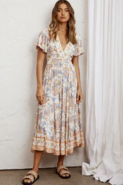 Kailee Short Sleeve Midi Dress Beige/Rust -Cheap Dress Store KT0148D01 20BEIGE RUST 5