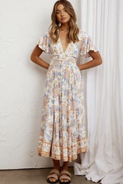 Kailee Short Sleeve Midi Dress Beige/Rust -Cheap Dress Store KT0148D01 20BEIGE RUST 7