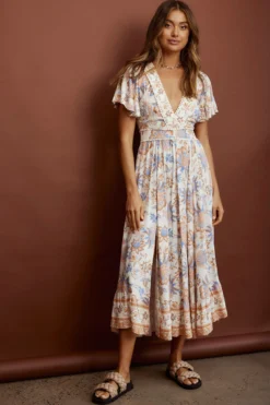 Kailee Short Sleeve Midi Dress Beige/Rust -Cheap Dress Store KT0148D01 20BEIGE RUST 8