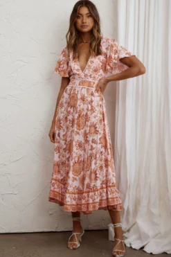 Kailee Short Sleeve Midi Dress Pink/Orange -Cheap Dress Store KT0148D01 20PINK ORANGE 5