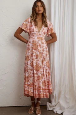 Kailee Short Sleeve Midi Dress Pink/Orange -Cheap Dress Store KT0148D01 20PINK ORANGE 8