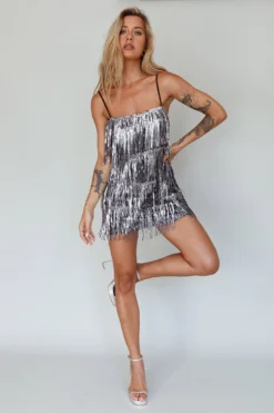 New York Nights Sequin Fringe Mini Dress Black -Cheap Dress Store SLA1643 20BLACK 2