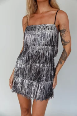 New York Nights Sequin Fringe Mini Dress Black -Cheap Dress Store SLA1643 20BLACK 4
