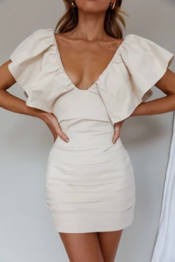 Westside Frill Neckline Pleat Mini Dress Ivory -Cheap Dress Store SLD8963 20IVORY 4