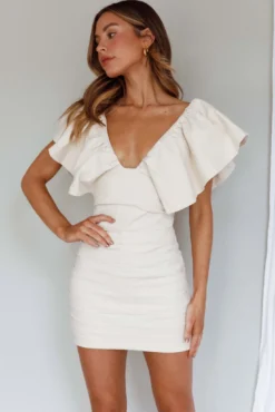 Westside Frill Neckline Pleat Mini Dress Ivory -Cheap Dress Store SLD8963 20IVORY 5