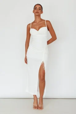 Samba Night Drawstring Ruched Midi Dress White -Cheap Dress Store SLLMD3078 20WHITE 5