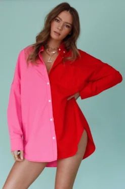 Blanca Long Sleeve Button-Up Shirt Pink/Red -Cheap Dress Store SLMB9409 20PINK RED 4