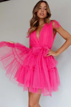 Lyra Spotted Tulle Mini Dress Hot Pink -Cheap Dress Store SLMD3106A 20HOT 20PINK 6