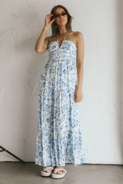 Asiah Halterneck Maxi Dress Floral Blue 8 Asiah Halterneck Maxi Dress Floral Blue -Cheap Dress Store SN0049H 20BLUE 4