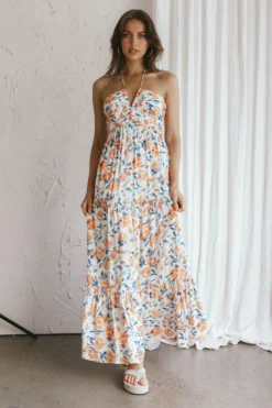 Asiah Halterneck Maxi Dress Floral Orange -Cheap Dress Store SN0049H 20ORANGE 2