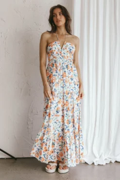 Asiah Halterneck Maxi Dress Floral Orange -Cheap Dress Store SN0049H 20ORANGE 4