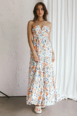 Asiah Halterneck Maxi Dress Floral Orange -Cheap Dress Store SN0049H 20ORANGE 5