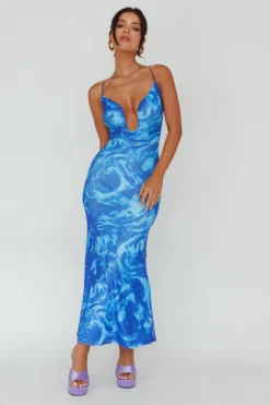 Nouveau U-Neckline Midi Dress Marbled Blue -Cheap Dress Store SN0084D03 20BLUE 5