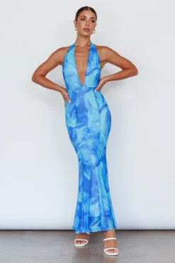 Mayah Halterneck Maxi Dress Printed Blue -Cheap Dress Store SN0086D 20BLUE 2