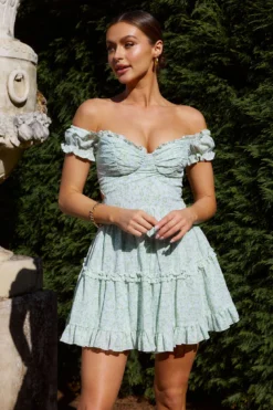 Run The World Off-Shoulder Mini Dress Floral Green -Cheap Dress Store SR0035B02 20GREEN 6