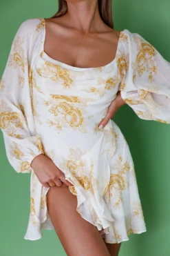 Beaujolais Long Sleeve Cowl Neckline Ruffle Mini Dress Floral Yellow -Cheap Dress Store SR0086D01 20YELLOW 4