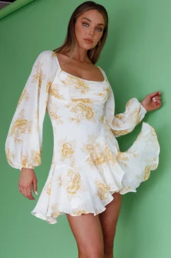 Beaujolais Long Sleeve Cowl Neckline Ruffle Mini Dress Floral Yellow -Cheap Dress Store SR0086D01 20YELLOW 5