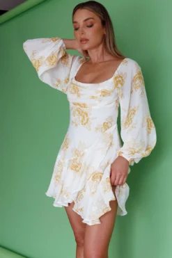 Beaujolais Long Sleeve Cowl Neckline Ruffle Mini Dress Floral Yellow -Cheap Dress Store SR0086D01 20YELLOW 6