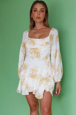 Beaujolais Long Sleeve Cowl Neckline Ruffle Mini Dress Floral Yellow -Cheap Dress Store SR0086D01 20YELLOW 8